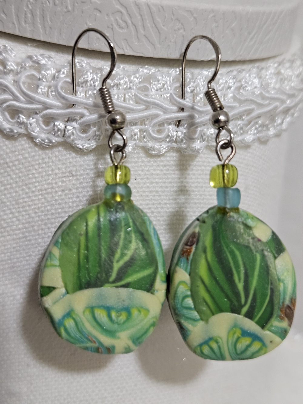 Hand Crafted Green Leaf Drop Earrings with Pale Cream Accents